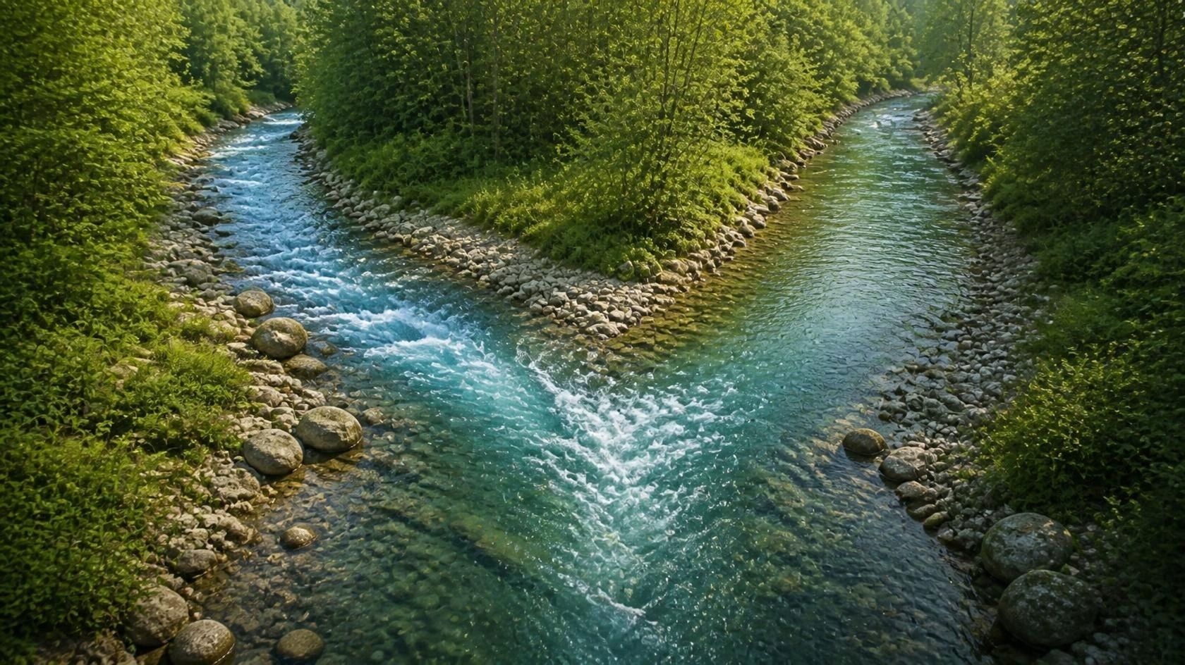 Twee waterstromen met een eigen beweging komen samen en vormen één bredere rivier.