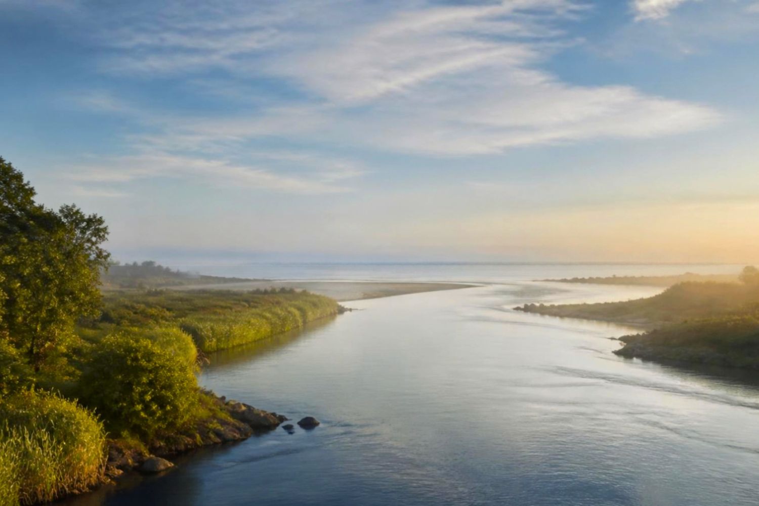 Een rustige rivier mondt in zacht ochtendlicht uit in een weidse zee.