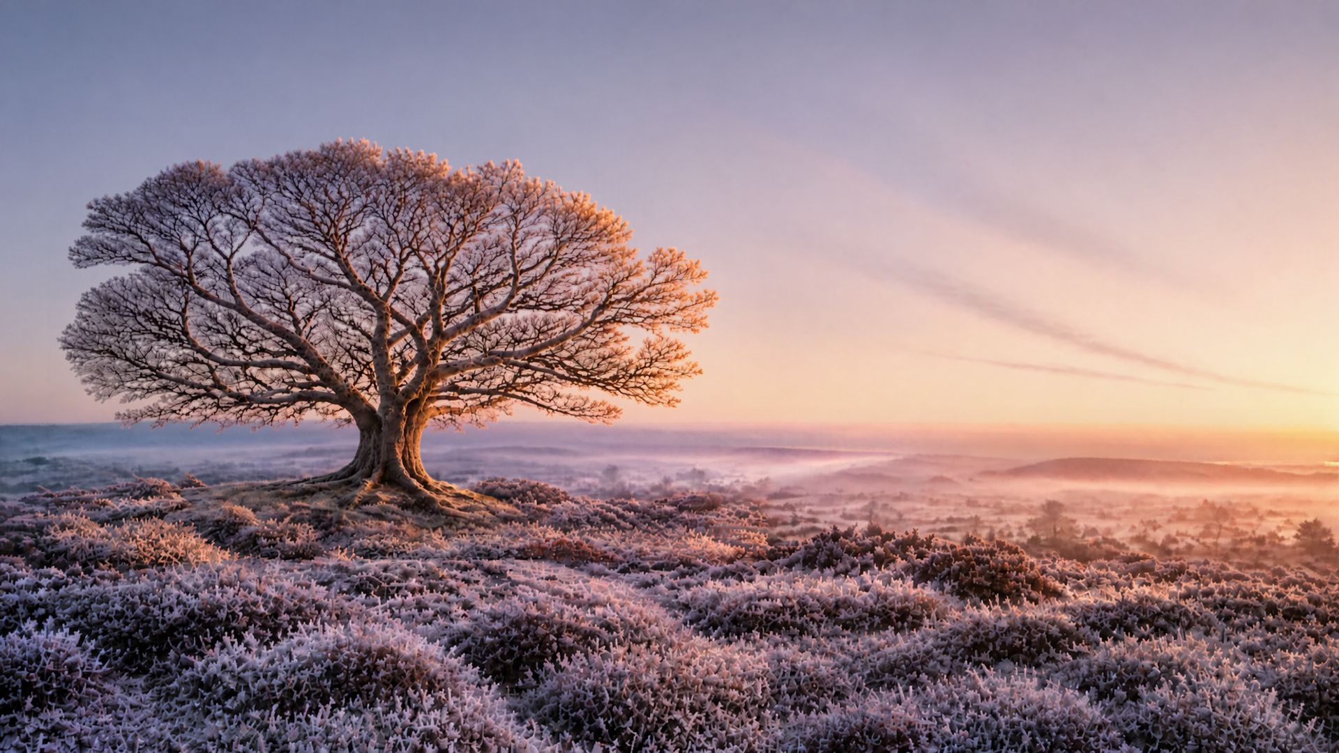 Eeuwenoude eik met zichtbare wortels in een winters landschap, waar het eerste warme ochtendlicht doorbreekt.
